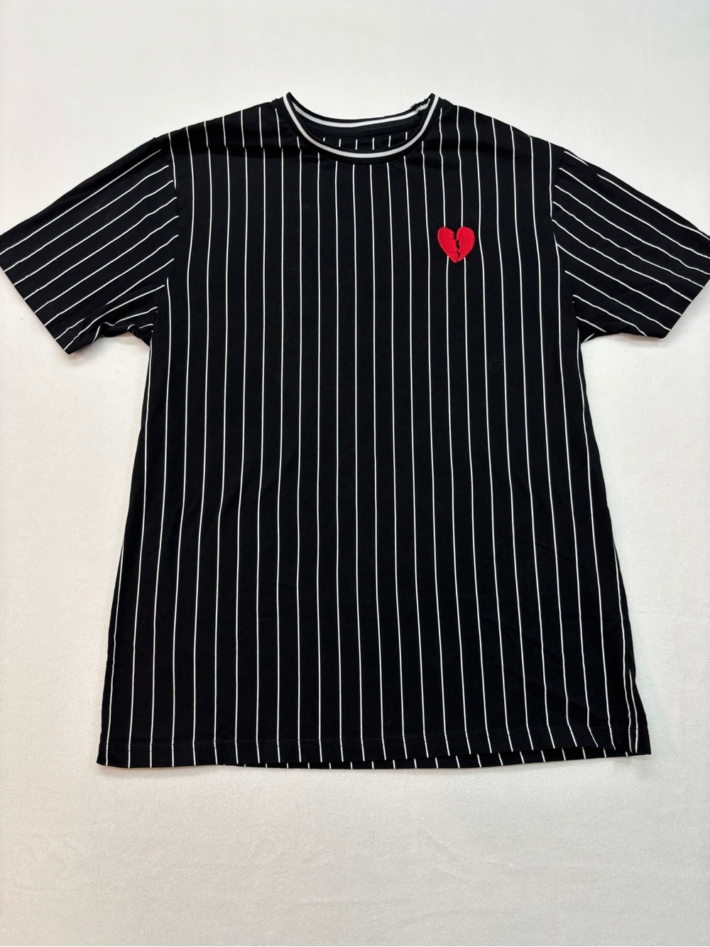 Black Pinstripe Short-Sleeve Tee with Red Heart Accent